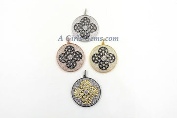 Enamel Flower Pendant, Large or Small CZ Micro Pave Round Disc Multi Color Charms #2091, Rose